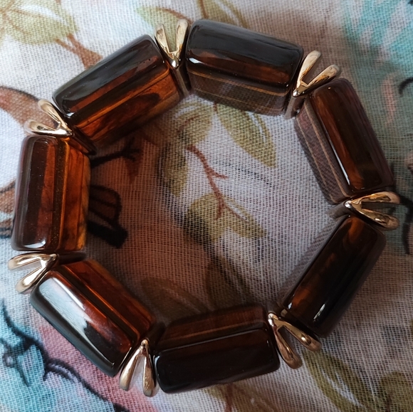 Thick Chunky Tortoise Segment Gold Tone Accents Stretch Vintage Bracelet EUC - Picture 2 of 8